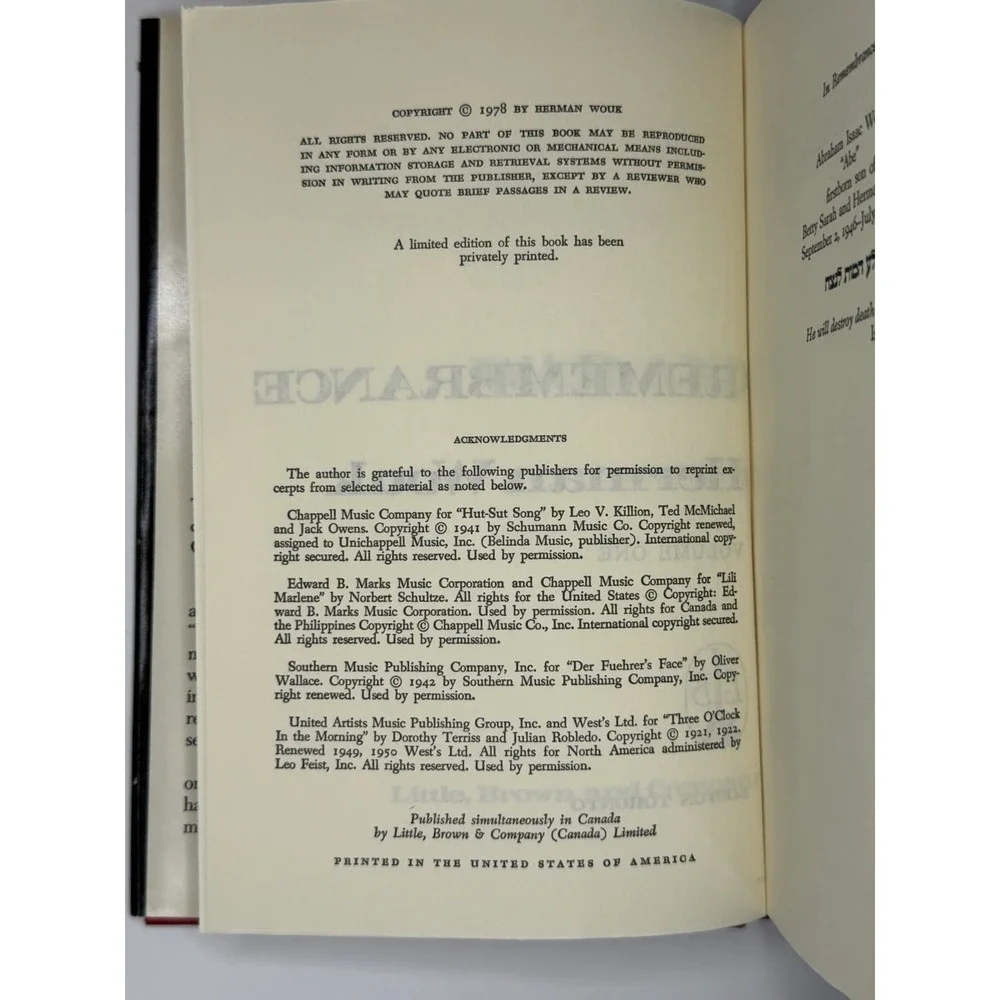 War and Remembrance Herman Wouk Hardcover Little Brown WWII Vintage Edition